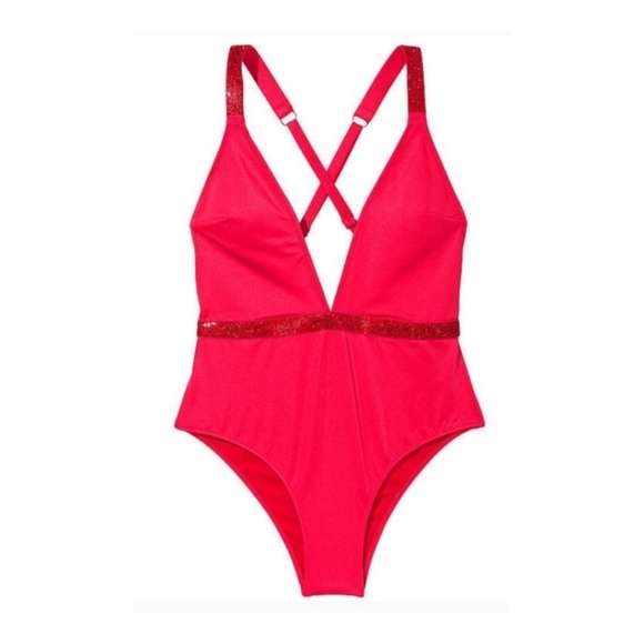 NWOT Victoria Secret Shine One-Piece Swimsuit Bling Red Large - Picture 1 of 4